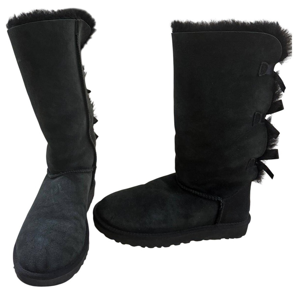 UGG Bailey‎ Bow Tall II Black Suede Sheepskin Boots 1016434 Womens 9